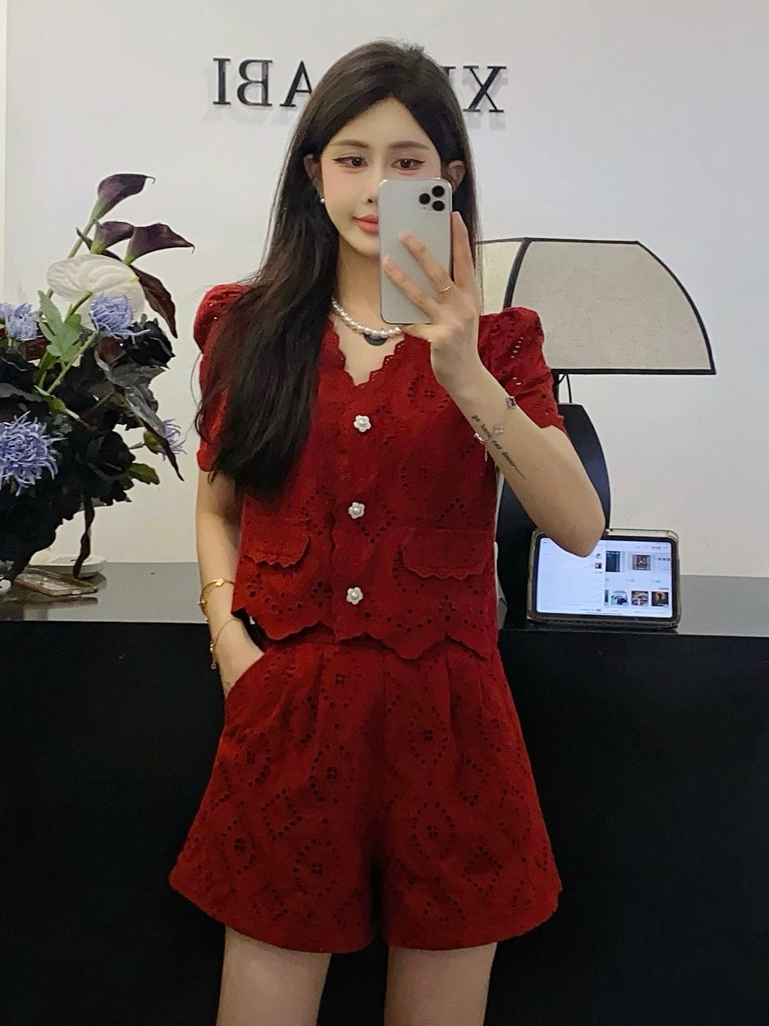 French V-neck hollow embroidery small fragrance suit for women 2024 new small lace wide-leg shorts two-piece set