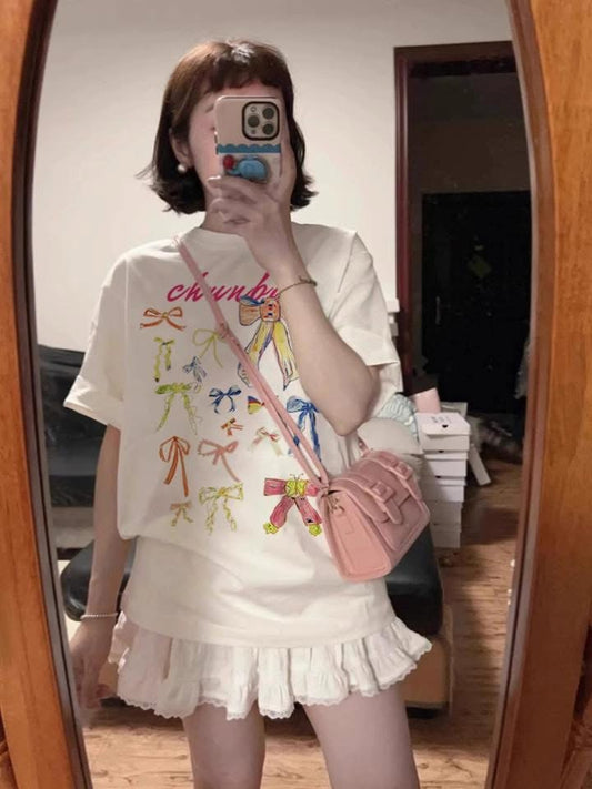 Dopamine colorful bow print cotton short-sleeved T-shirt women's summer loose casual versatile round neck top trend