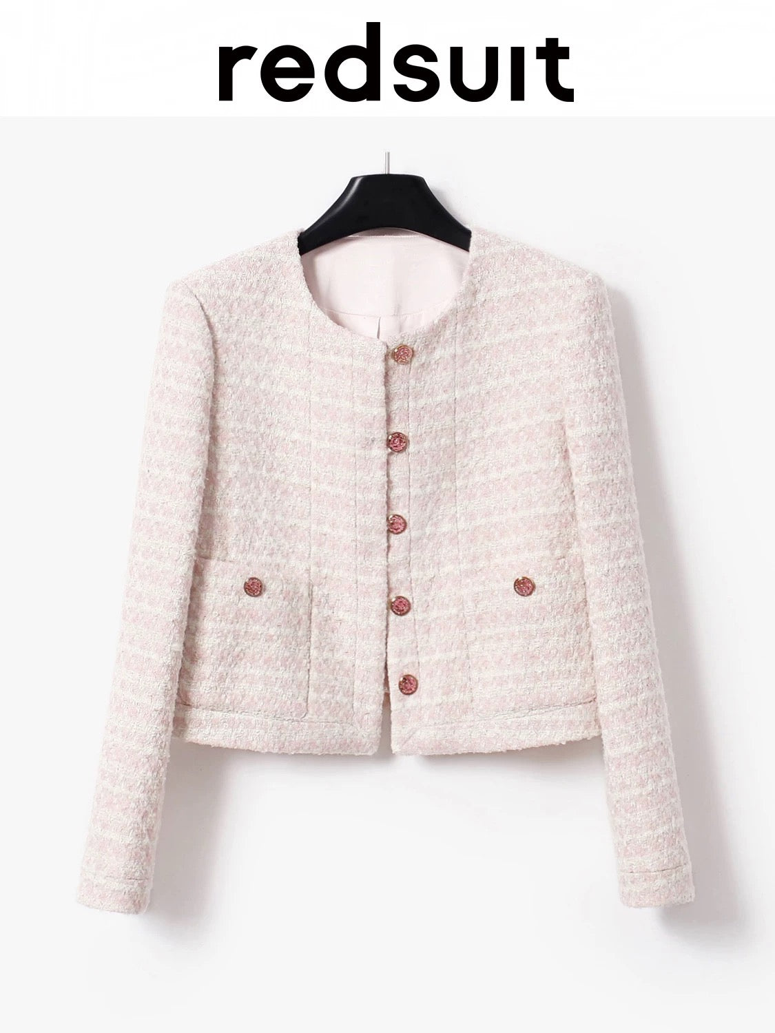 Redsuit - A youthful and elegant pink round-neck tweed short jacket with a Chanel-inspired design, perfect for a sophisticated and professional look.