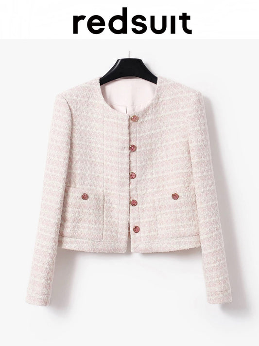 Redsuit - A youthful and elegant pink round-neck tweed short jacket with a Chanel-inspired design, perfect for a sophisticated and professional look.