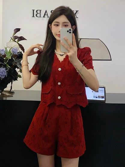 French V-neck hollow embroidery small fragrance suit for women 2024 new small lace wide-leg shorts two-piece set