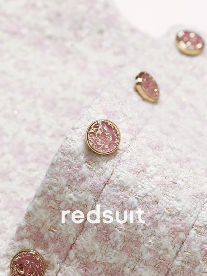 Redsuit - A youthful and elegant pink round-neck tweed short jacket with a Chanel-inspired design, perfect for a sophisticated and professional look.
