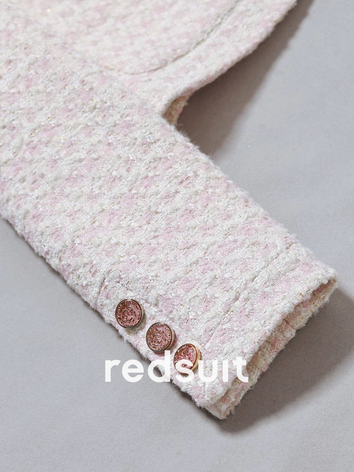 Redsuit - A youthful and elegant pink round-neck tweed short jacket with a Chanel-inspired design, perfect for a sophisticated and professional look.