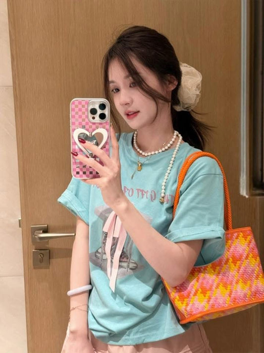 Twinkle Jump Jump [Butterfly Girl] Fashionable and casual bow tie short-sleeved women's T-shirt summer all-match