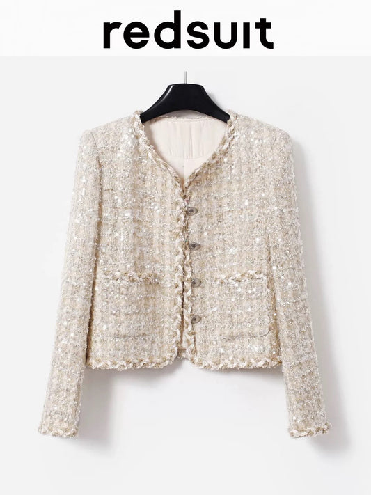 Redsuit heavy sequined heiress-style French tweed jacket with a sophisticated and unique charm.
