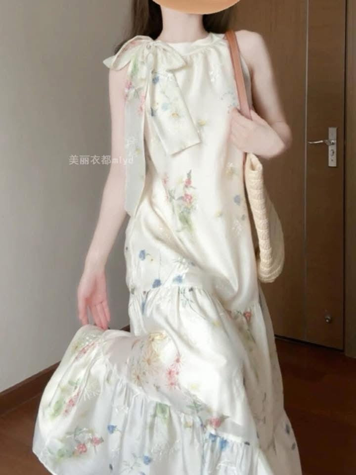 MLYD/Customized Large Size French Floral Off-the-shoulder Halter Dress Holiday Style Temperament Sleeveless Fairy Dress Summer