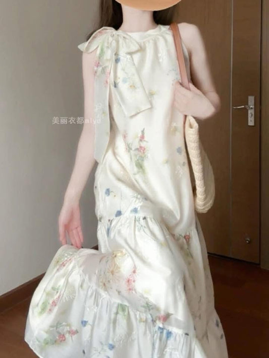 MLYD/Customized Large Size French Floral Off-the-shoulder Halter Dress Holiday Style Temperament Sleeveless Fairy Dress Summer