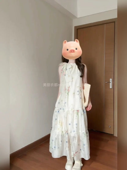 MLYD/Customized Large Size French Floral Off-the-shoulder Halter Dress Holiday Style Temperament Sleeveless Fairy Dress Summer