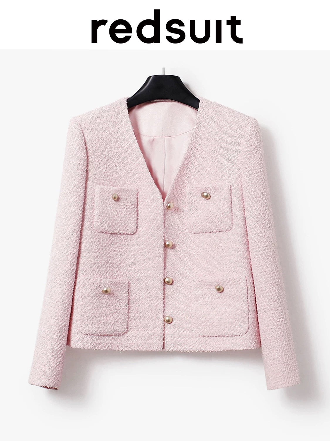 Redsuit, a sweet and youthful tweed jacket with four pockets and gold buttons, featuring a Chanel-inspired design and a sweet and elegant style.