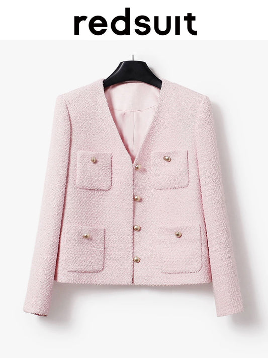 Redsuit, a sweet and youthful tweed jacket with four pockets and gold buttons, featuring a Chanel-inspired design and a sweet and elegant style.