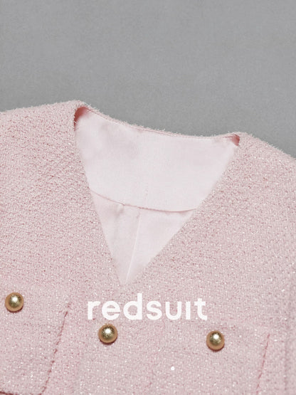Redsuit, a sweet and youthful tweed jacket with four pockets and gold buttons, featuring a Chanel-inspired design and a sweet and elegant style.