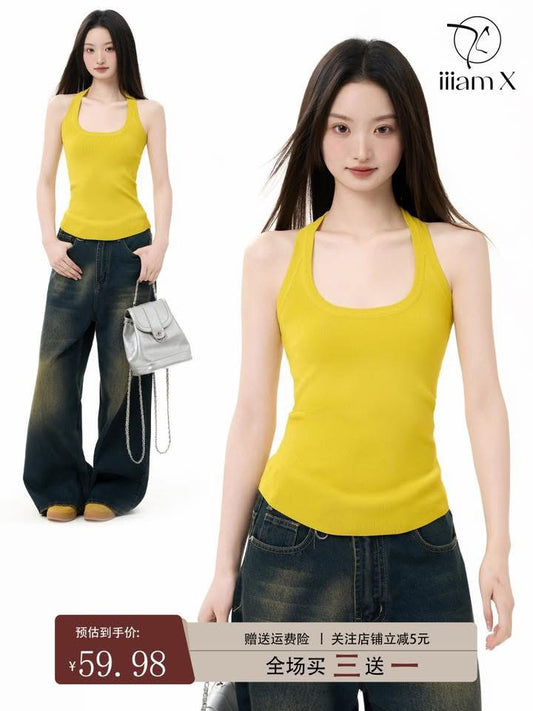 iiiamX yellow I-shaped knitted camisole for women summer outerwear inner bottoming sleeveless top 2025 new