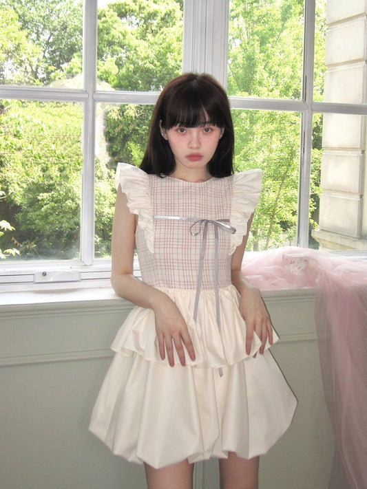 Nancy Rice Pink Plaid Splicing Flower Bud Dress Original Design Summer Sweet Little Flying Sleeves Tank Top Princess Dress