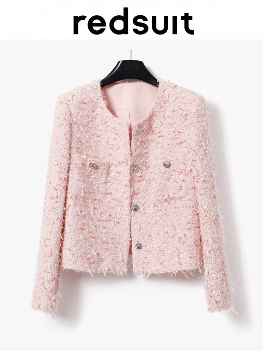 Redsuit's "King of Bombs" handmade butterfly-patterned tulle cherry blossom pink high-end Chanel-style jacket and sweet top.