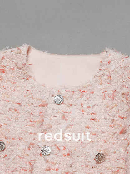 Redsuit's "King of Bombs" handmade butterfly-patterned tulle cherry blossom pink high-end Chanel-style jacket and sweet top.