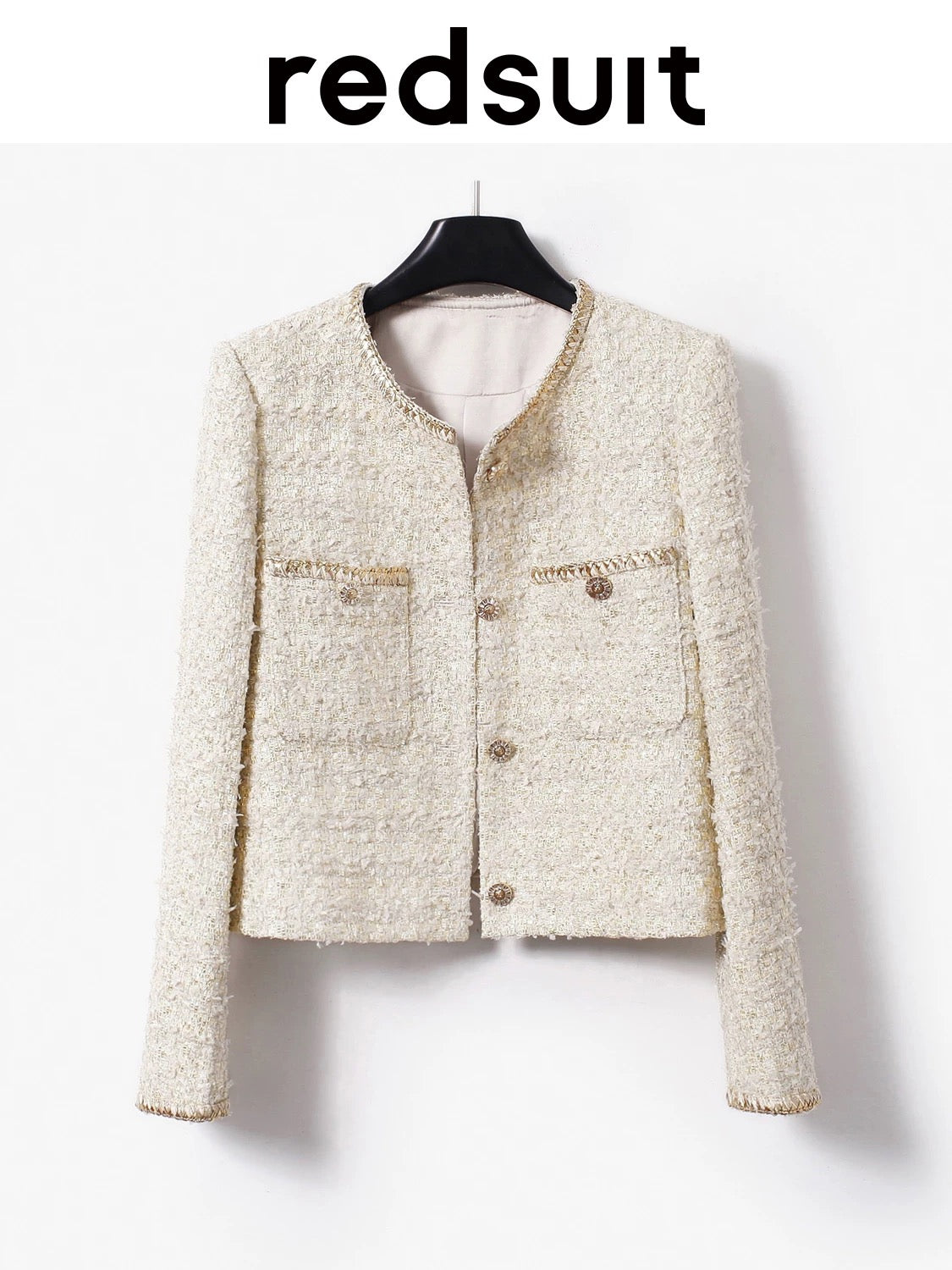 Redsuit Italian tweed short jacket, exquisite and elegant woven Chanel-style gold top, a practical and sophisticated choice for a sophisticated look.