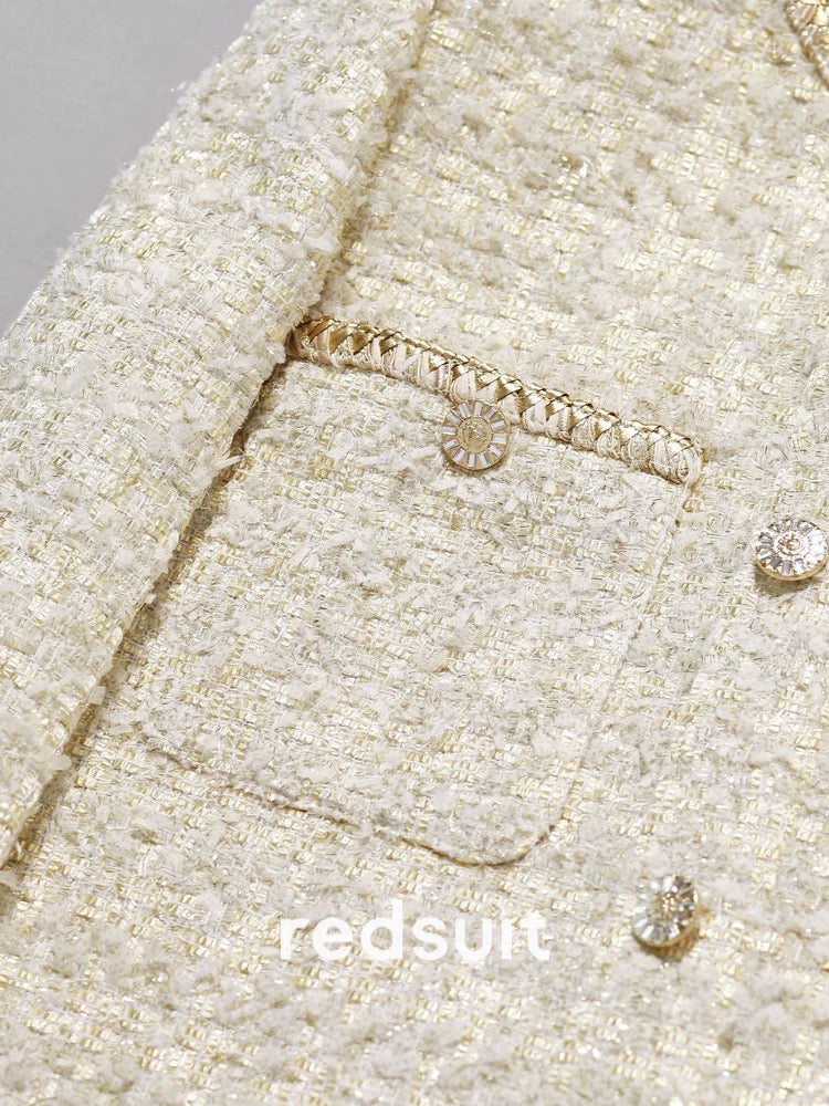 Redsuit Italian tweed short jacket, exquisite and elegant woven Chanel-style gold top, a practical and sophisticated choice for a sophisticated look.