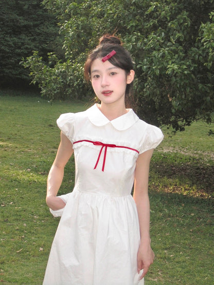 Nancy Red Ribbon Lace Doll Collar Dress Short Sleeve 2024 Summer New White First Love Dress