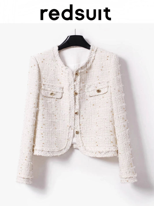 Redsuit Limited Edition Lightweight Butterfly Tulle Chanel-Style Classic White Knitted Cardigan with Rounded Edges - New for Commuters