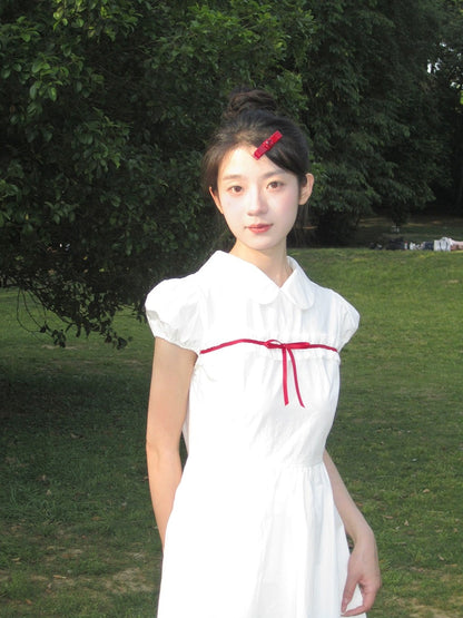 Nancy Red Ribbon Lace Doll Collar Dress Short Sleeve 2024 Summer New White First Love Dress
