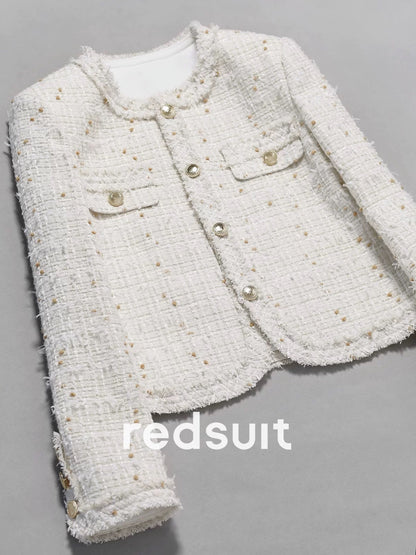 Redsuit Limited Edition Lightweight Butterfly Tulle Chanel-Style Classic White Knitted Cardigan with Rounded Edges - New for Commuters