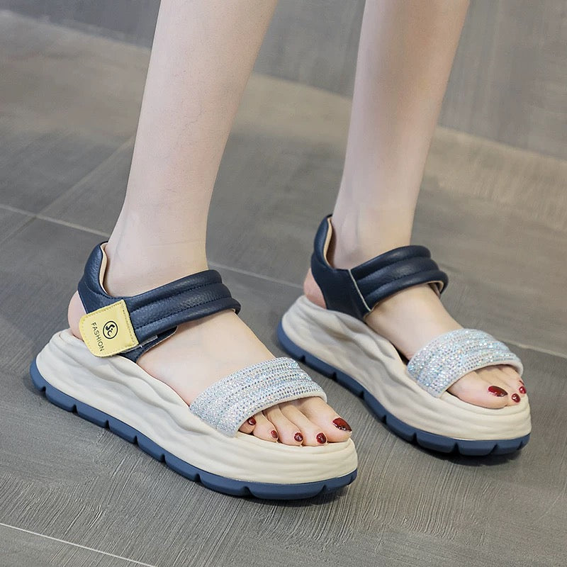 Sports sandals for women to wear outside 2025 summer new white platform Velcro casual rhinestone thick-soled Roman shoes