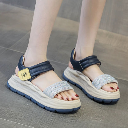 Sports sandals for women to wear outside 2025 summer new white platform Velcro casual rhinestone thick-soled Roman shoes
