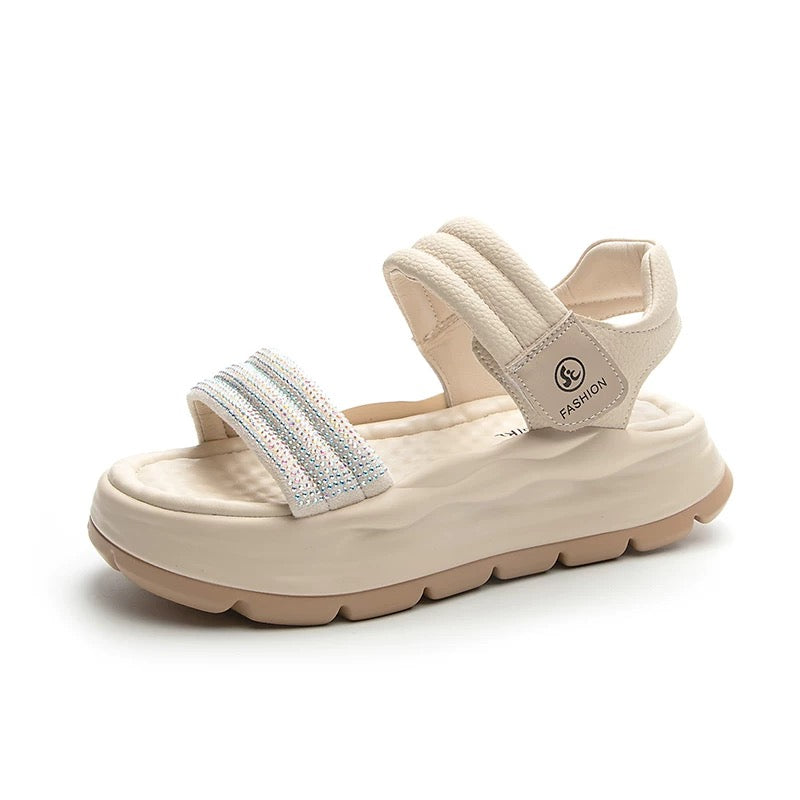Sports sandals for women to wear outside 2025 summer new white platform Velcro casual rhinestone thick-soled Roman shoes