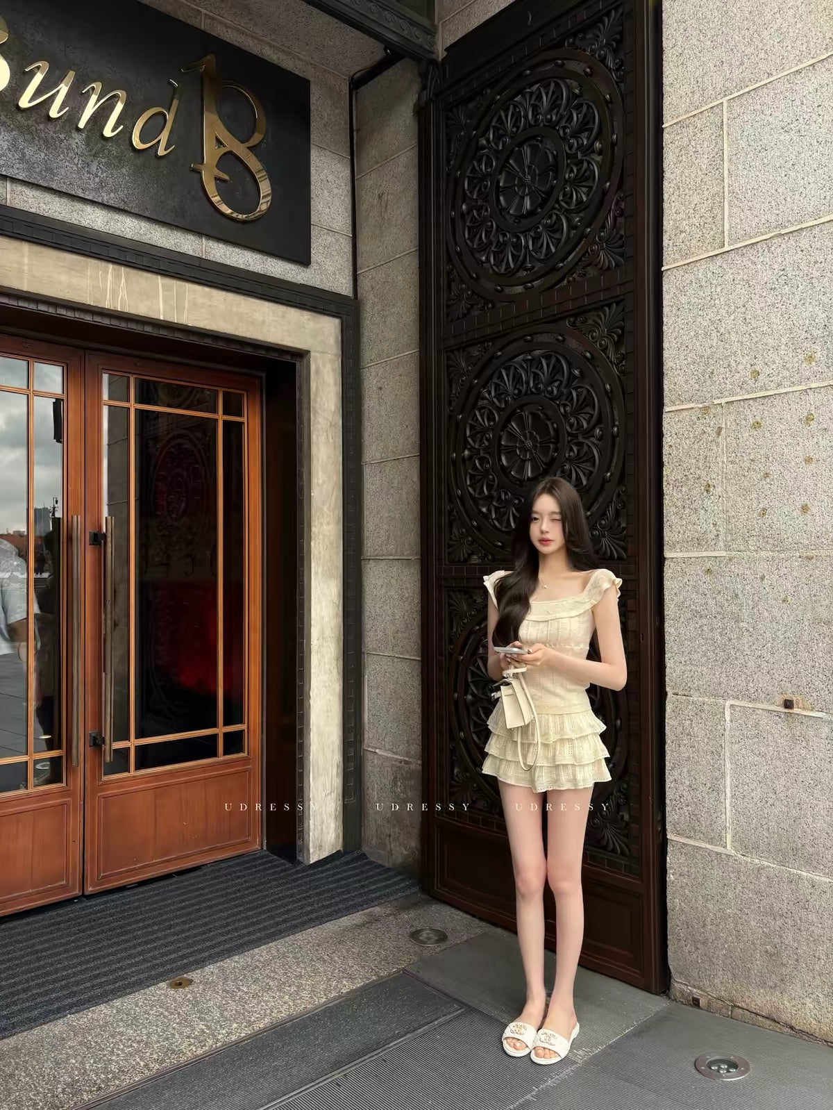 UDRESSY In-house Design Korean-style Pale Yellow Off-Shoulder Knit Top with Ruffles