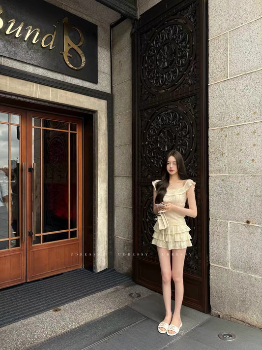 UDRESSY In-house Design Korean-style Pale Yellow Off-Shoulder Knit Top with Ruffles