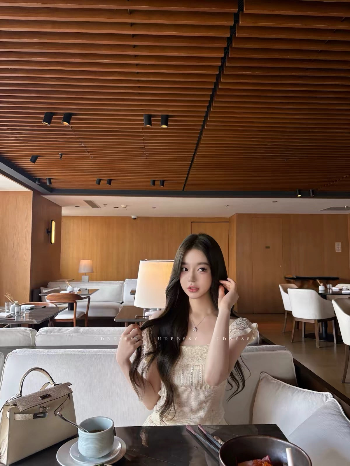 UDRESSY In-house Design Korean-style Pale Yellow Off-Shoulder Knit Top with Ruffles