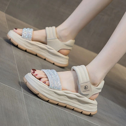 Sports sandals for women to wear outside 2025 summer new white platform Velcro casual rhinestone thick-soled Roman shoes