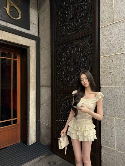 UDRESSY In-house Design Korean-style Pale Yellow Off-Shoulder Knit Top with Ruffles