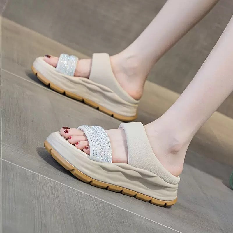 Sports sandals for women to wear outside 2025 summer new white platform Velcro casual rhinestone thick-soled Roman shoes