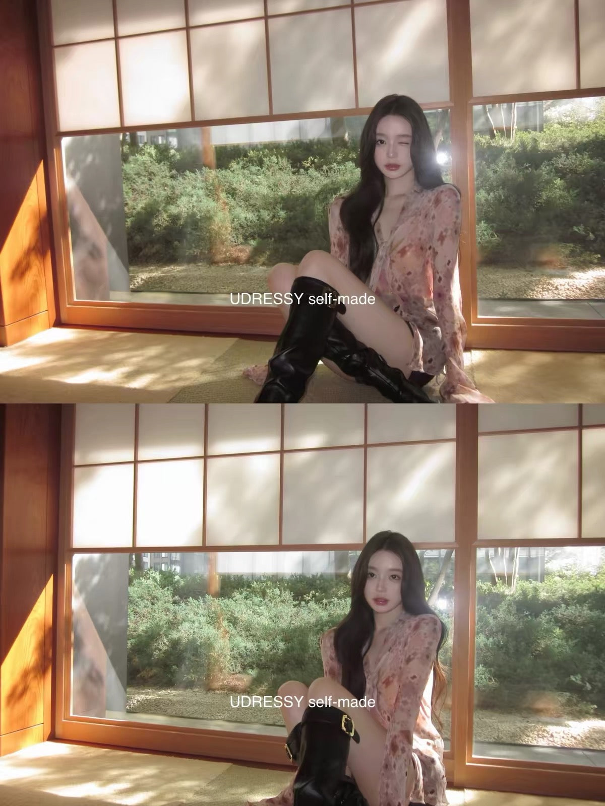UDRESSY In-House Design: Early Autumn Korean-Style Pink Floral Rayon Long-Sleeve Blouse with Neck Tie