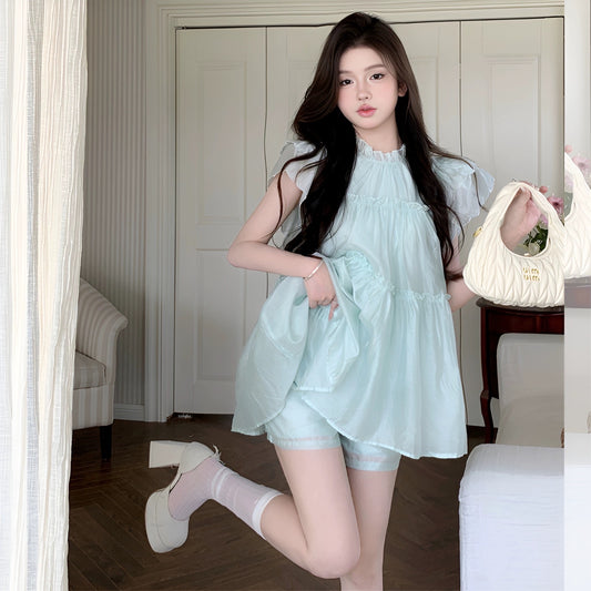 SKIRT "Vanilla Mint" French sweet flying sleeves age-reducing dress shorts suit for women