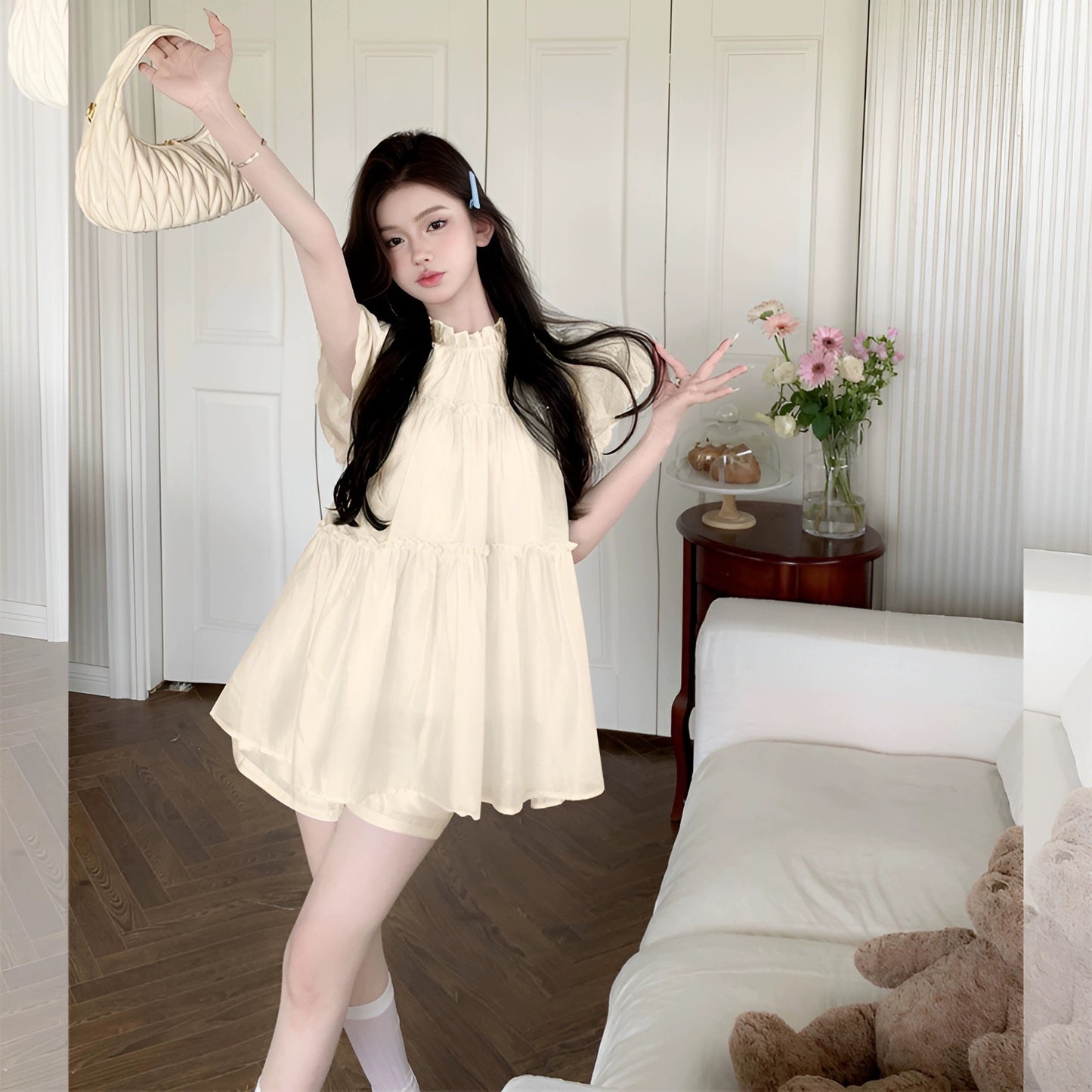 SKIRT "Vanilla Mint" French sweet flying sleeves age-reducing dress shorts suit for women