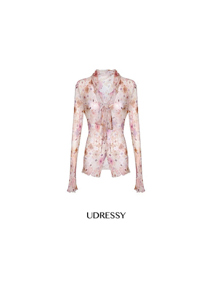 UDRESSY In-House Design: Early Autumn Korean-Style Pink Floral Rayon Long-Sleeve Blouse with Neck Tie