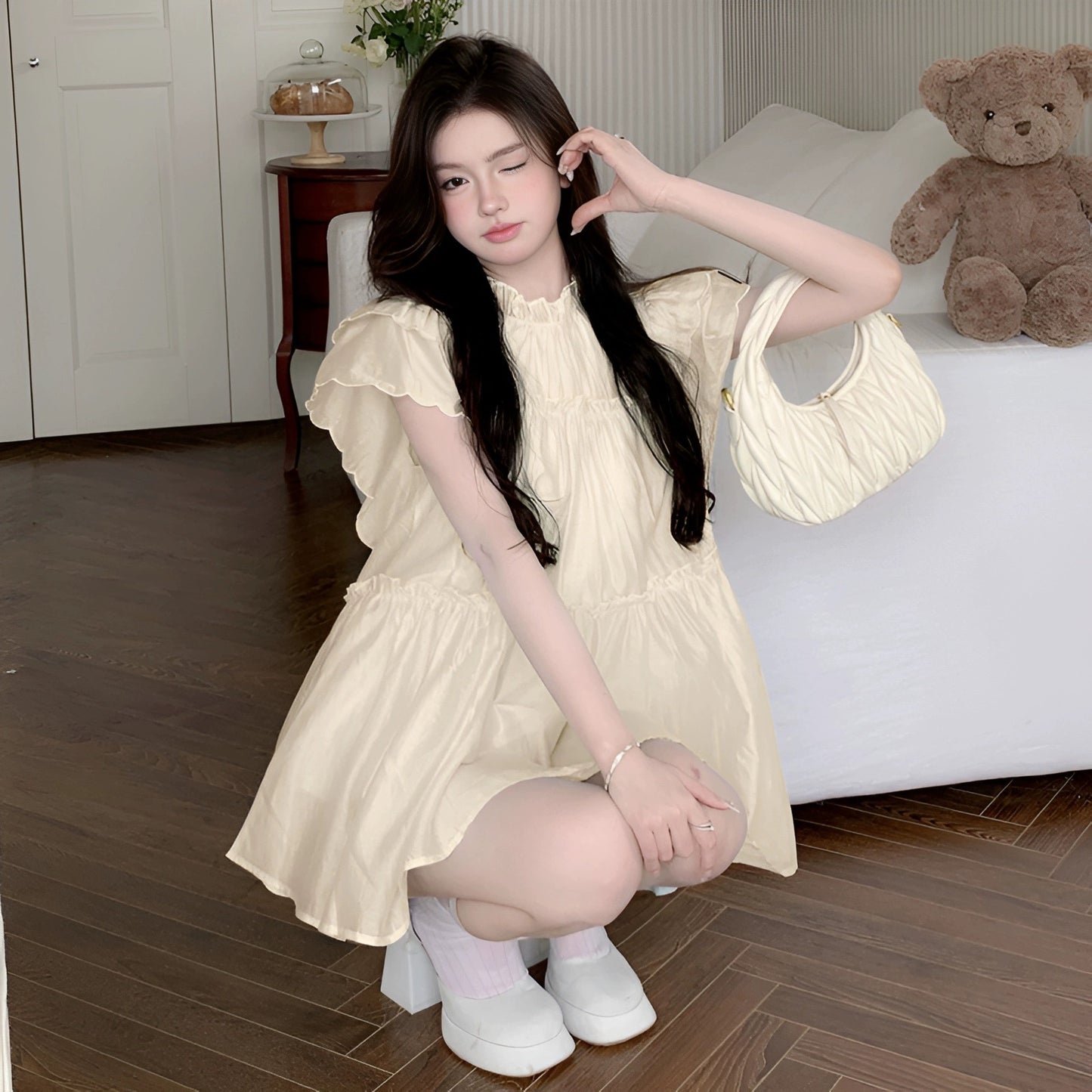 SKIRT "Vanilla Mint" French sweet flying sleeves age-reducing dress shorts suit for women