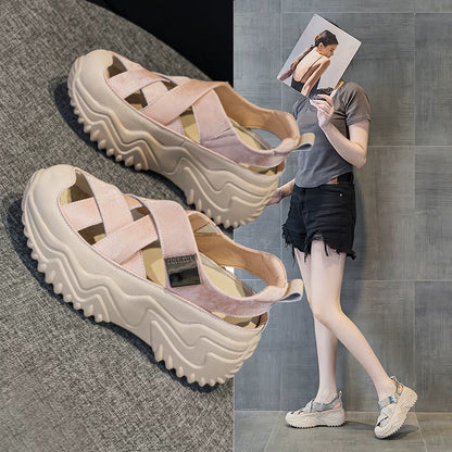 Thick-soled platform Roman sandals for women 2025 new summer genuine leather hollow breathable heightened casual dad shoes
