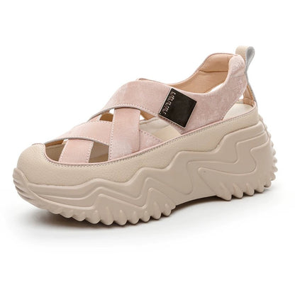 Thick-soled platform Roman sandals for women 2025 new summer genuine leather hollow breathable heightened casual dad shoes