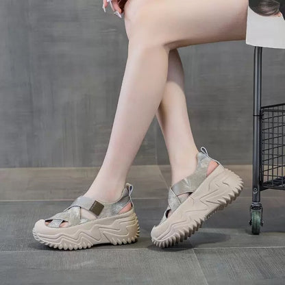 Thick-soled platform Roman sandals for women 2025 new summer genuine leather hollow breathable heightened casual dad shoes