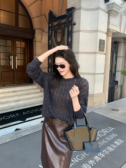 Maven Lin Sparkling Cable-Knit Sequin Long-Sleeve Top – A Stylish, Loose-Fit, Sheer-Effect Crewneck for Women