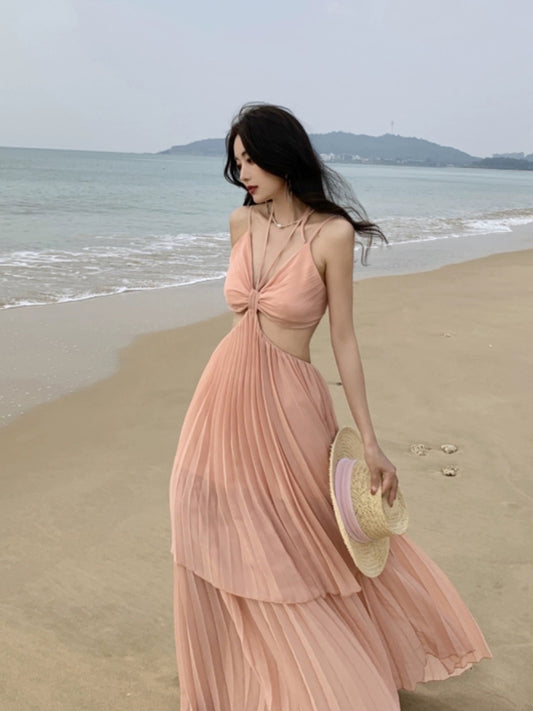 Tea break French fugitive princess style backless sexy pink suspender dress for women summer 2024 new beach skirt