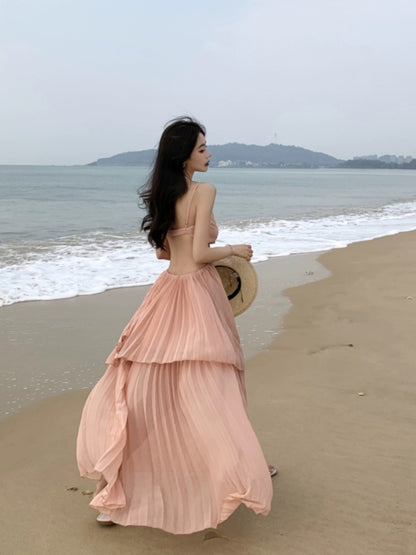 Tea break French fugitive princess style backless sexy pink suspender dress for women summer 2024 new beach skirt