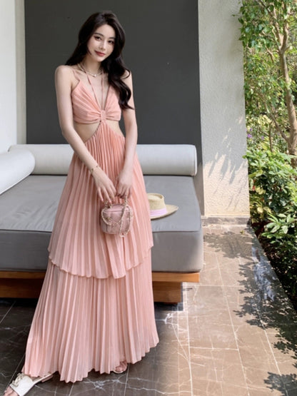 Tea break French fugitive princess style backless sexy pink suspender dress for women summer 2024 new beach skirt