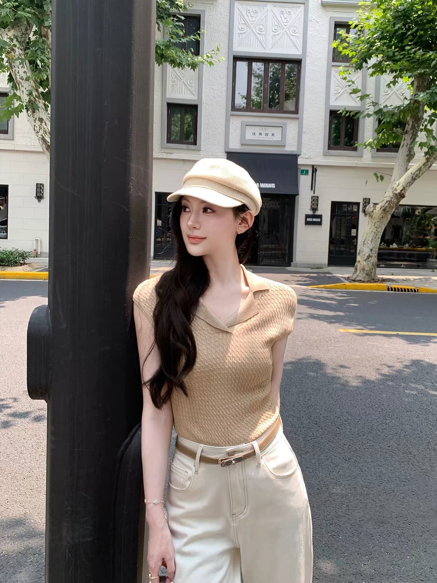 Maven Lin Sophisticated Knit Top – Women's Collared Commuter Style with Delicate Cap Sleeves (Lyocell Blend)