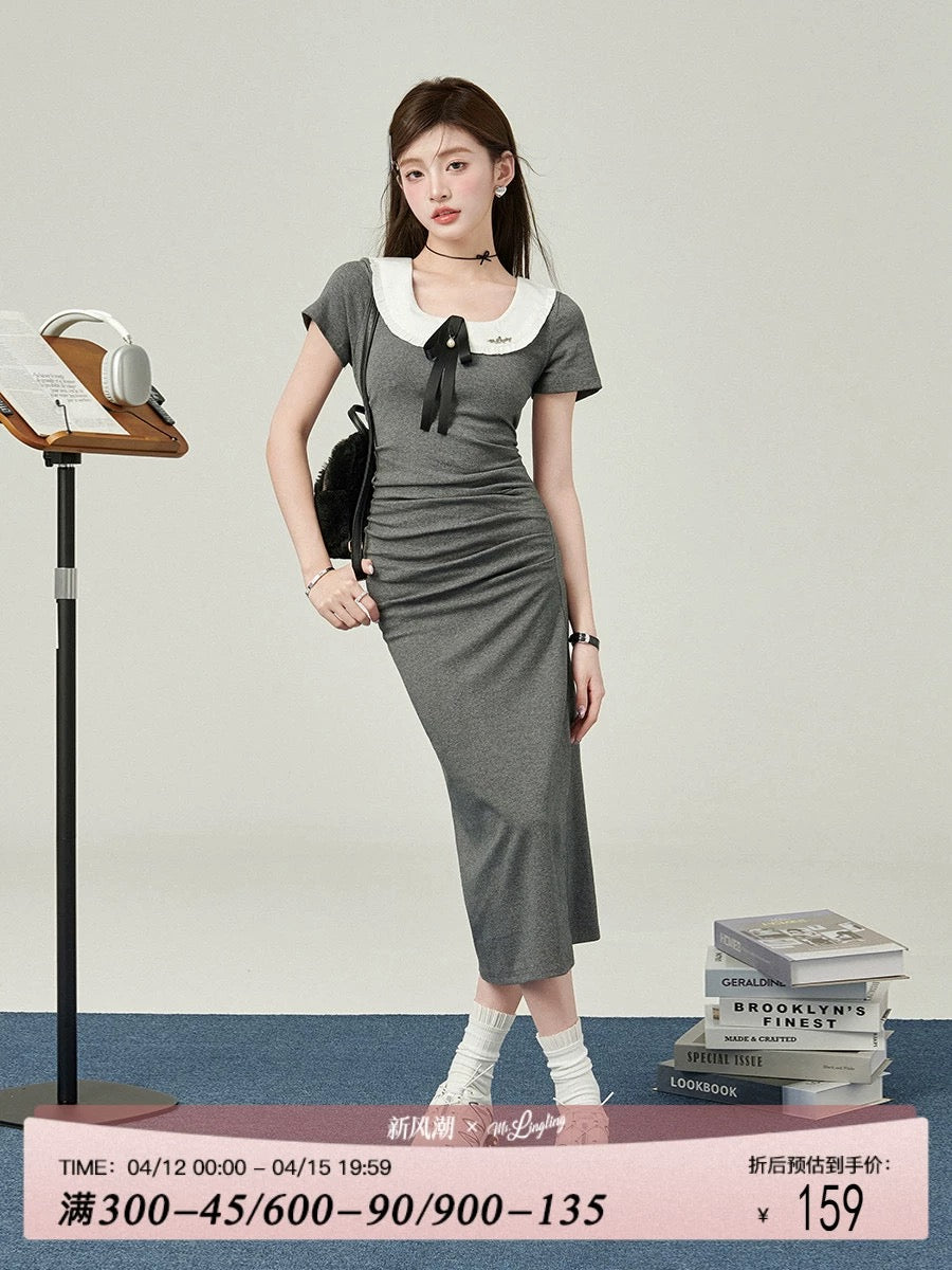 Mrs. Hualing long skirt for women summer 2024 new style drapey temperament dress doll collar pleated knitted long skirt