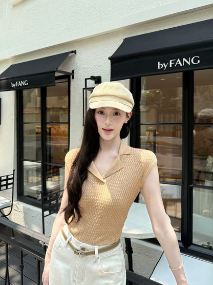 Maven Lin Sophisticated Knit Top – Women's Collared Commuter Style with Delicate Cap Sleeves (Lyocell Blend)