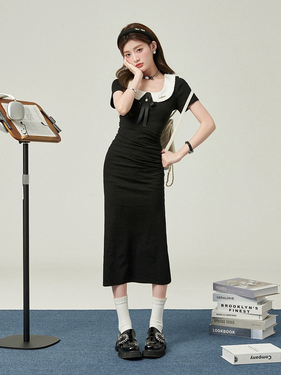 Mrs. Hualing long skirt for women summer 2024 new style drapey temperament dress doll collar pleated knitted long skirt